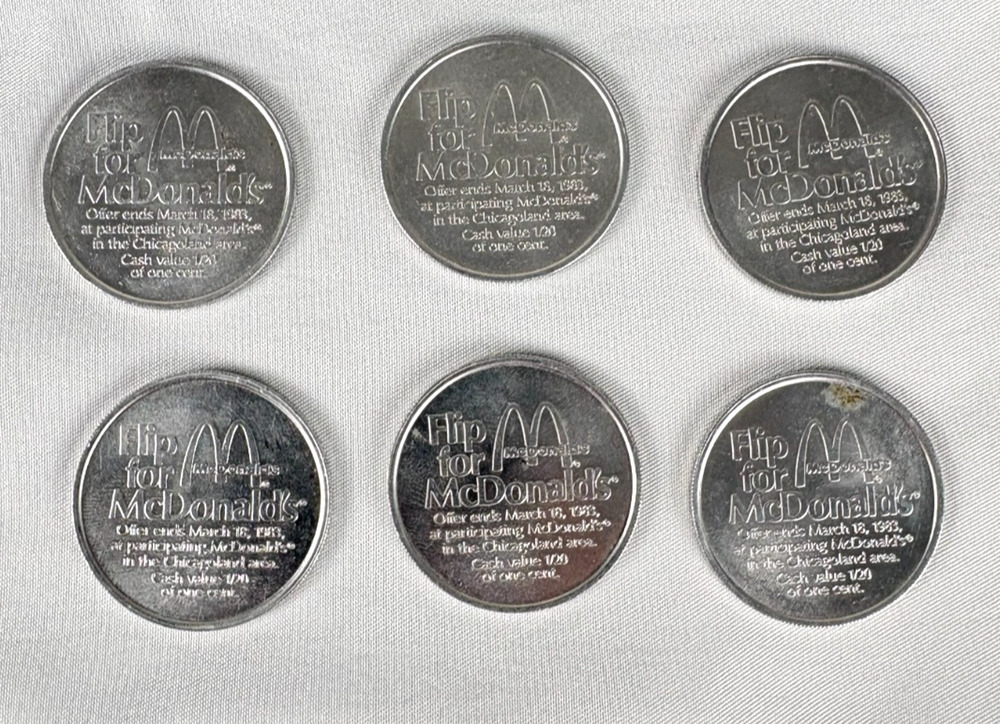 6 Vintage 1983 McDonald's 25¢ Flip Tokens Promotional Coins Chicagoland IL